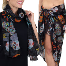 Sugar Skull Print 70 x 35” Scarf - Lightweight, Semi-Sheer