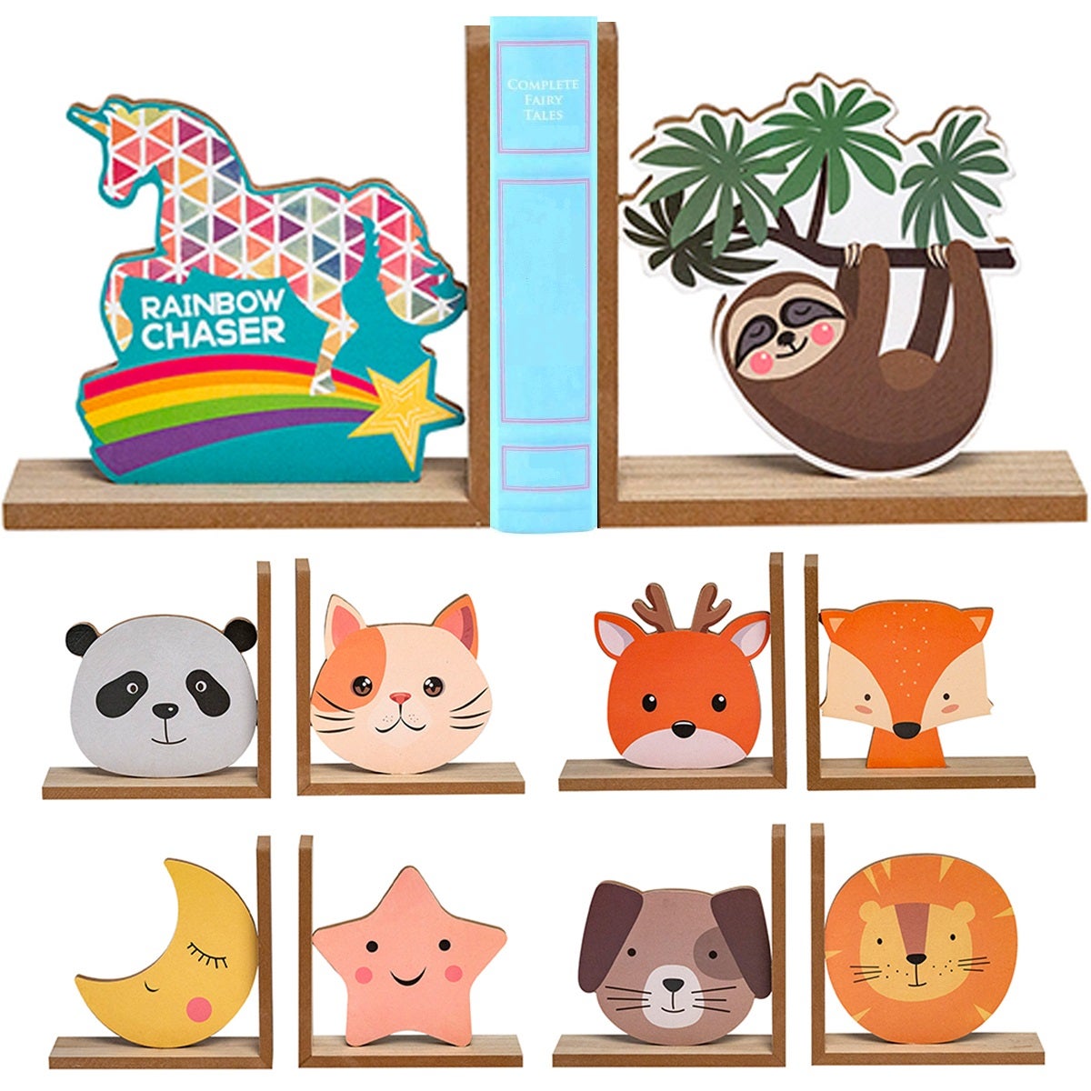 Kid's Wooden Animal Bookends for Bedroom, Playroom or Classroom