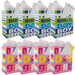 8 Complete Birthday Gift Bag Sets – Large Bags, Cards & Tissue