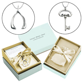 Set Of 2 Silver Wishbone & Key Charm Necklaces In Gift Boxes