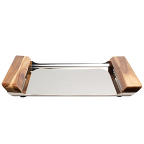 Savora Stainless Steel Bar-Serving Tray - Acacia Wood Handles