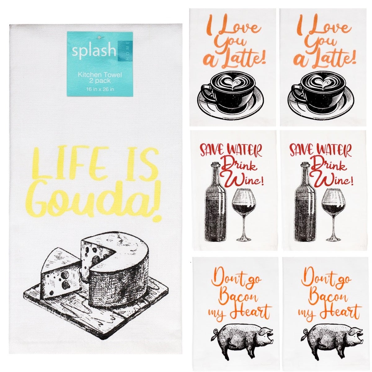 2pk Splash 100% Cotton Kitchen Towels - Fun Designs, Dry Humor!