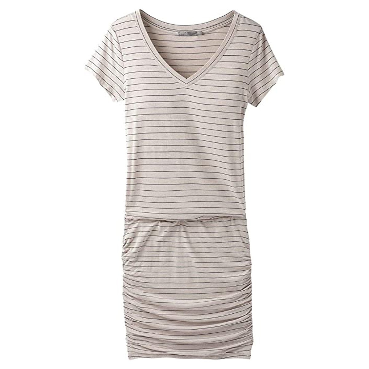 prana t shirt dress Prana Foundation T-shirt Dress Womens S Black Striped Sheath Ruched Short Sleeve