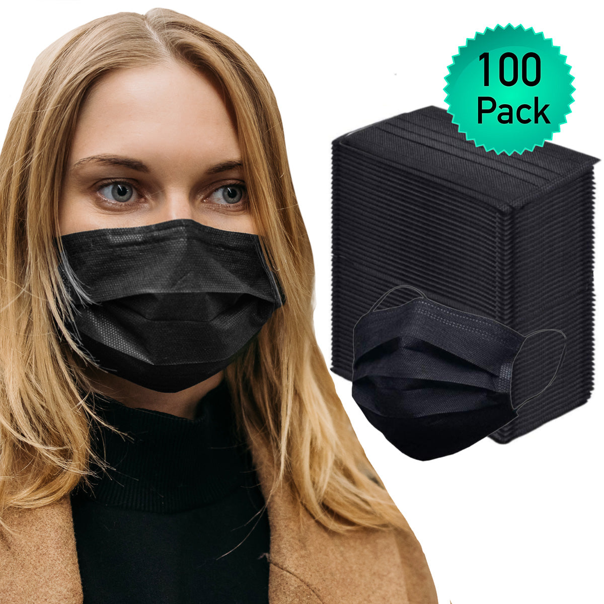 100pk Disposable Face Masks Adult – 3 Layer With Ear Loop, Black
