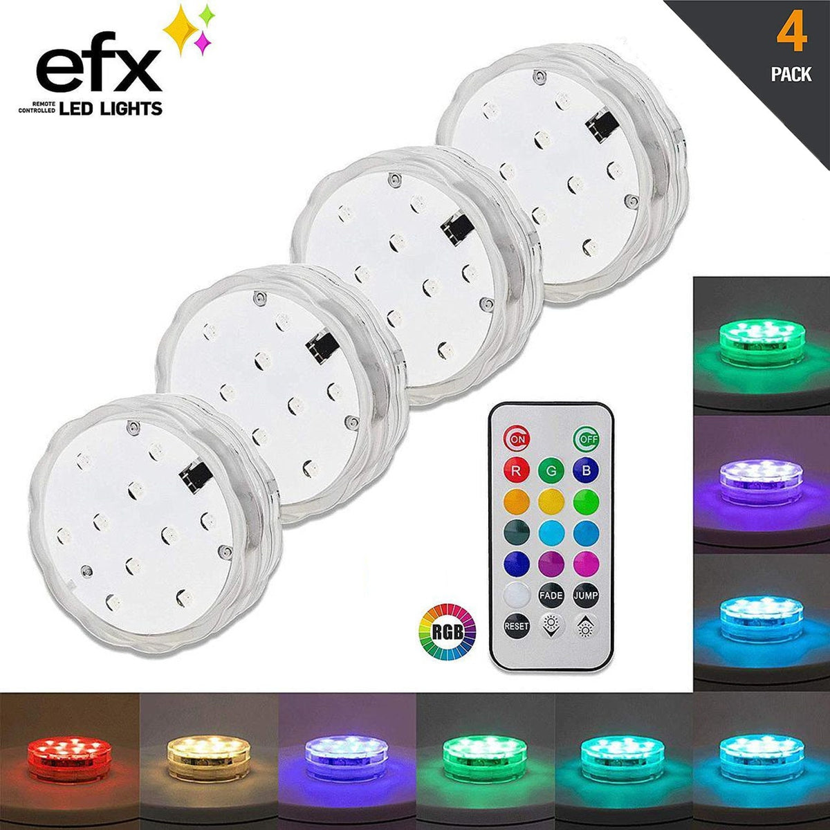 4pk EFX Submersible LED Lights With Remote Waterproof Underwater Color