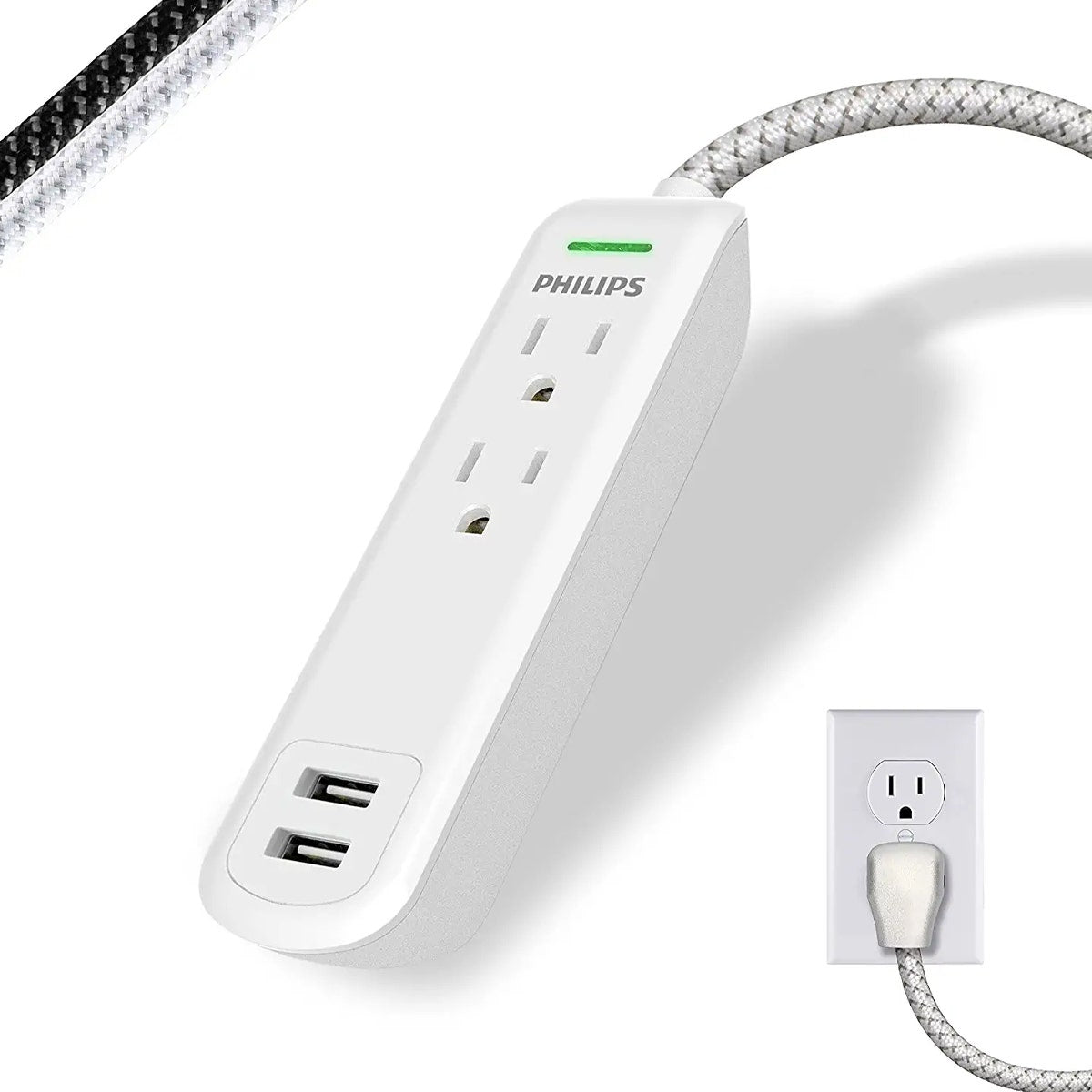 Philips 2 Outlet & 2 USB Surge Protector – 8ft Braided Extension