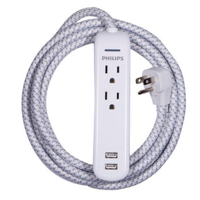 Philips 2 Outlet & 2 USB Surge Protector – 8ft Braided Extension