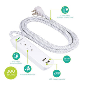 Philips 2 Outlet & 2 USB Surge Protector – 8ft Braided Extension