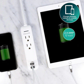 Philips 2 Outlet & 2 USB Surge Protector – 8ft Braided Extension
