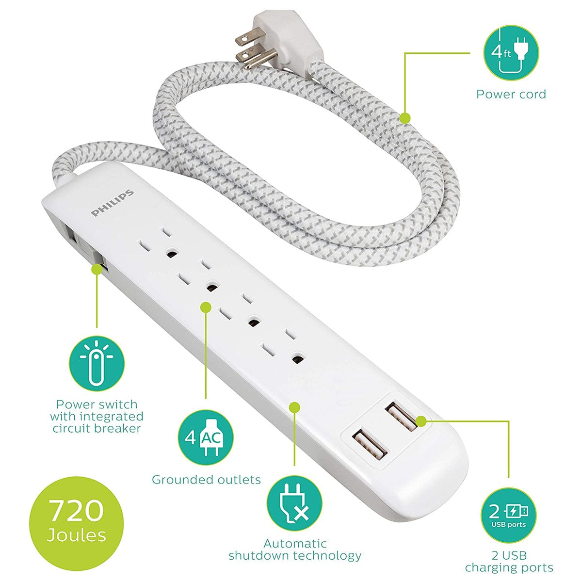 Philips 4 Outlet 2 USB Surge Protector 4ft Braided Extension Cord