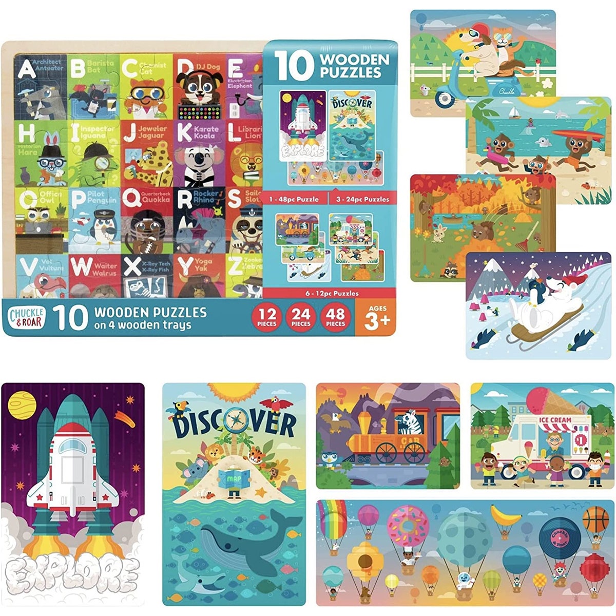 10pk Chuckle & Roar Wooden Puzzles – Alphabet, Animals & More!