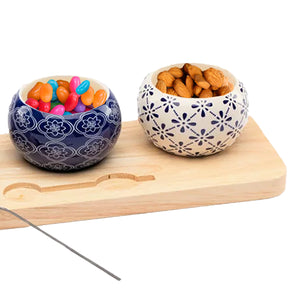 5pc Condiment Set – 3 Ceramic Bowls, Wood Board, Serving Spoon