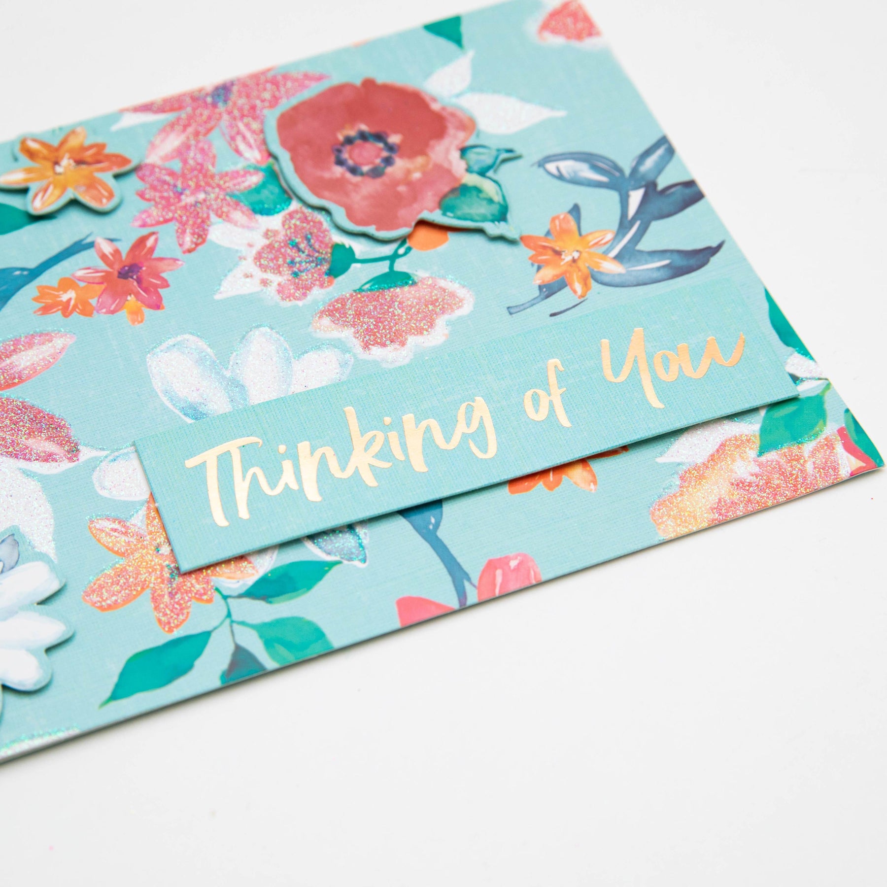 PaperCraft Handmade Thinking Of You Card – 3D Flowers & Glitter
